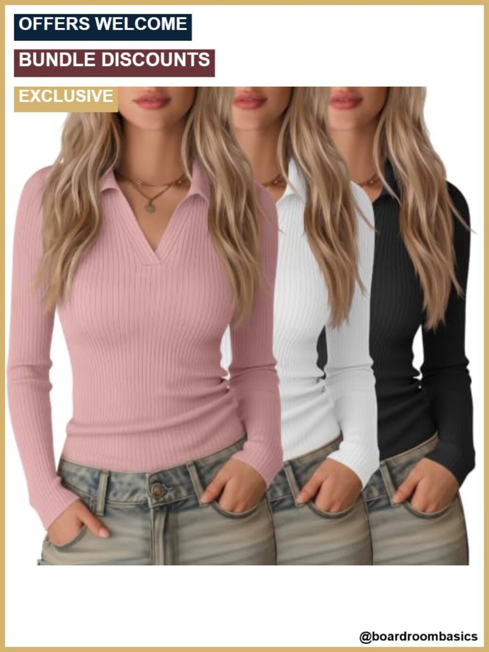 3 Pack Women Long Sleeve Polo Shirts Business Casual Fitted Cotton Spandex